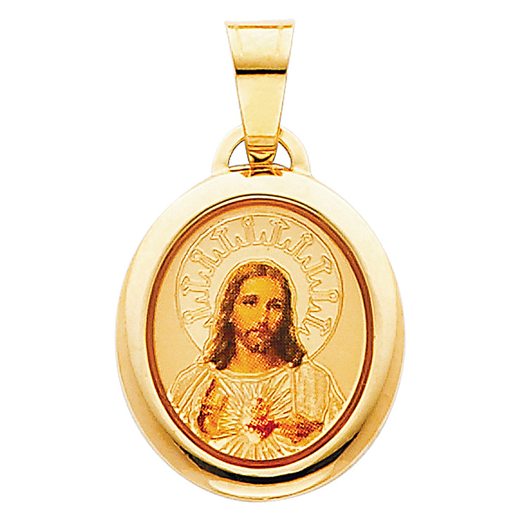 14K Gold Jesus Heart Enamel Charm Pendant with 0.9mm Wheat Chain Necklace