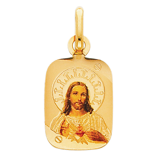 14K Gold Jesus Heart Enamel Pendant with 1.2mm Flat Open Wheat Chain