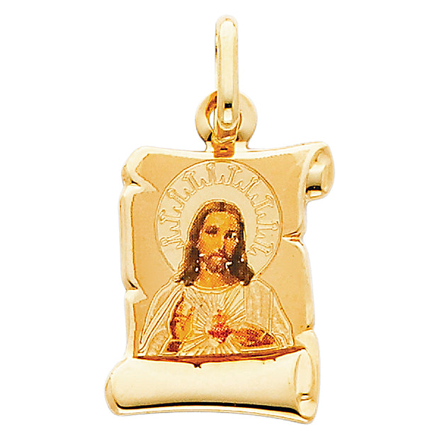 14K Gold Jesus Heart Enamel Pendant with 2mm Figaro 3+1 Chain