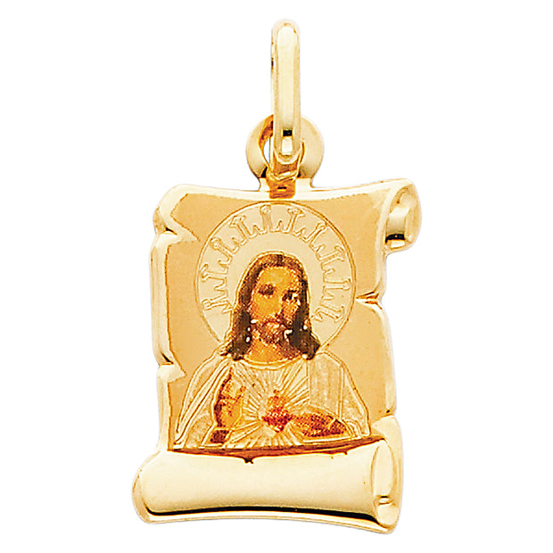 14K Gold Jesus Heart Enamel Religious Charm Pendant with 0.8mm Box Chain Necklace