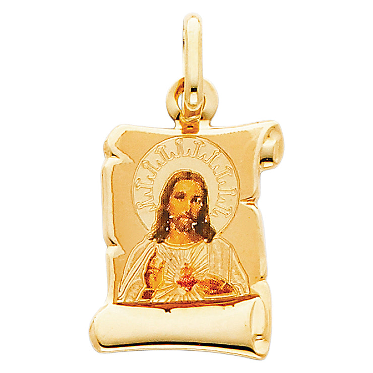 14K Gold Jesus Heart Enamel Religious Charm Pendant with 0.8mm Box Chain Necklace