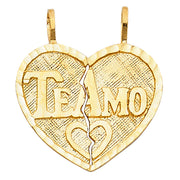 14K Gold Te Amo Heart 2 Piece Charm Pendant with 1.5mm Flat Open Wheat Chain Necklace