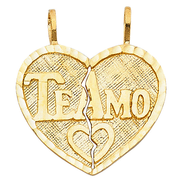 14K Gold Te Amo Heart 2 Piece Charm Pendant with 1.5mm Flat Open Wheat Chain Necklace