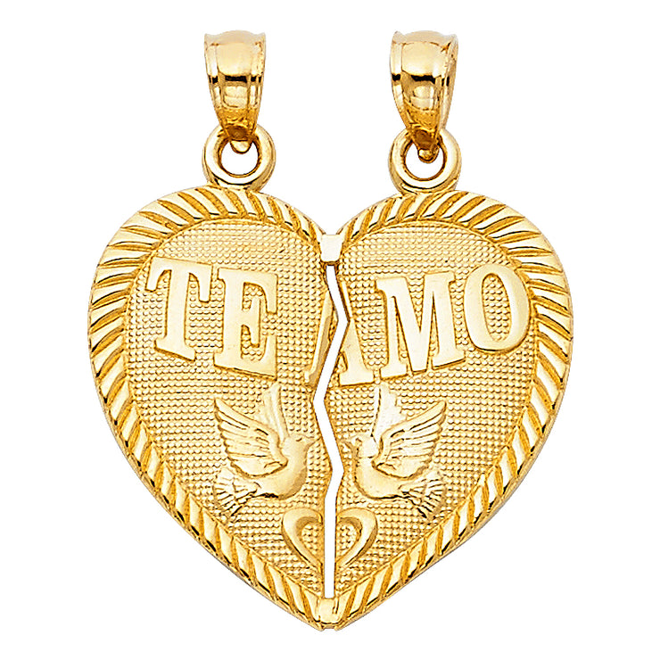 14K Gold Te Amo Heart 2 Piece Charm Pendant with 1.5mm Flat Open Wheat Chain Necklace