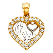 14K Gold CZ I Love You Heart Charm Pendant with 1.2mm Flat Open Wheat Chain Necklace