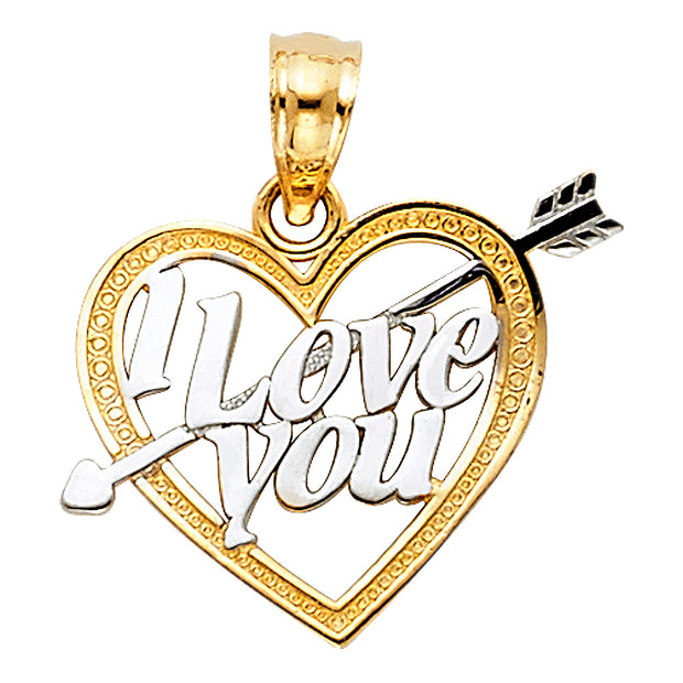 14K Gold I Love You Heart Charm Pendant with 1.6mm Figaro 3+1 Chain Necklace