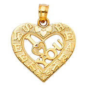 14K Gold I Love You Heart Charm Pendant with 1.5mm Flat Open Wheat Chain Necklace