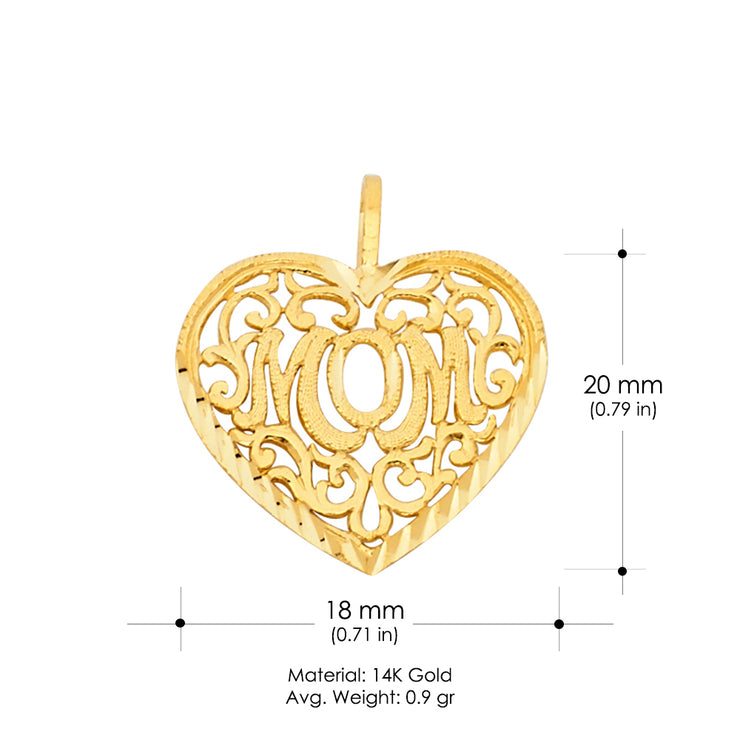 14K Gold Mom Heart CZ Charm Pendant