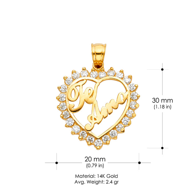 14K Gold Te Amo Heart CZ Charm Pendant