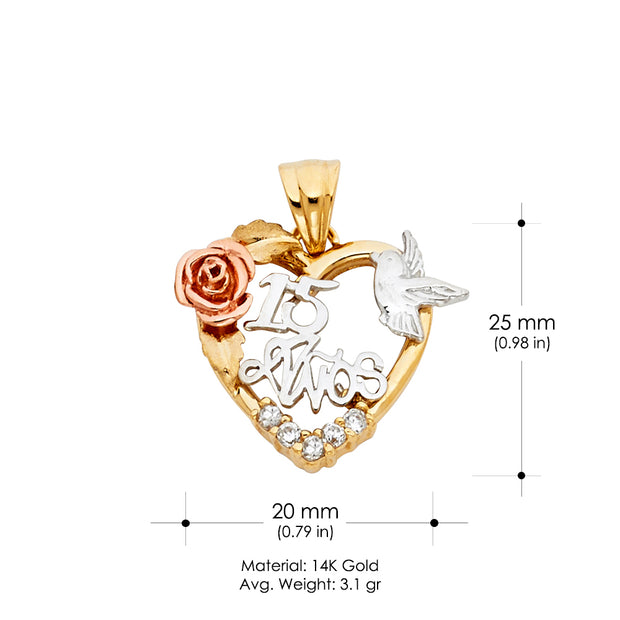 14K Gold Quinceanera Heart Dove and Flower CZ Charm Pendant