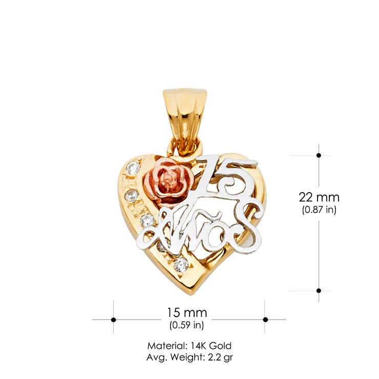 14K Gold Quinceanera Heart and Flower CZ Charm Pendant
