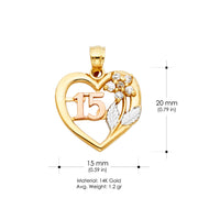 14K Gold Quinceanera Heart CZ Flower & Leaf Charm Pendant