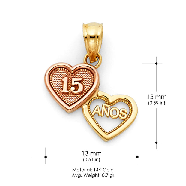 14K Gold 15 Anos Quinceanera Double Heart CZ Charm Pendant