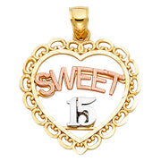 14K Gold Quinceanera Heart Pendant with 2.3mm Hollow Cuban Chain