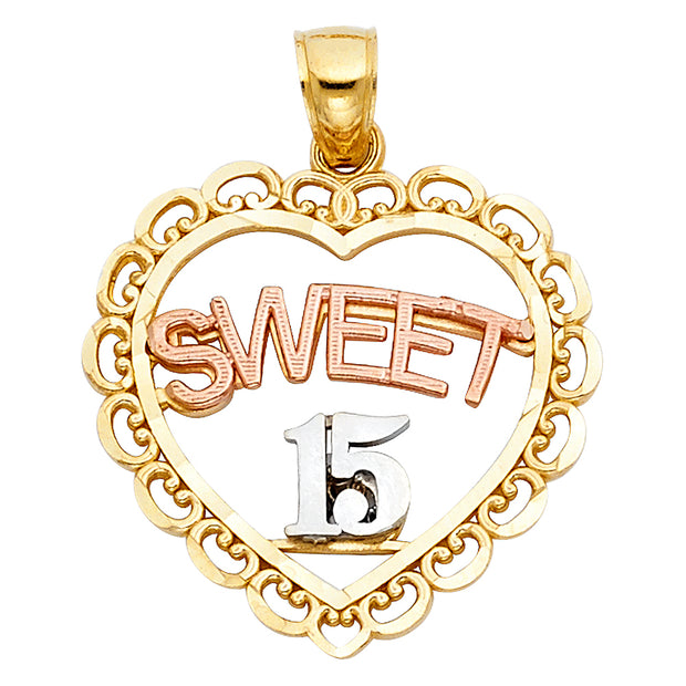 14K Gold Quinceanera Heart Pendant with 2.3mm Hollow Cuban Chain