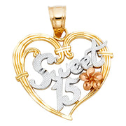 14K Gold Quinceanera Heart Pendant with 2.3mm Hollow Cuban Chain