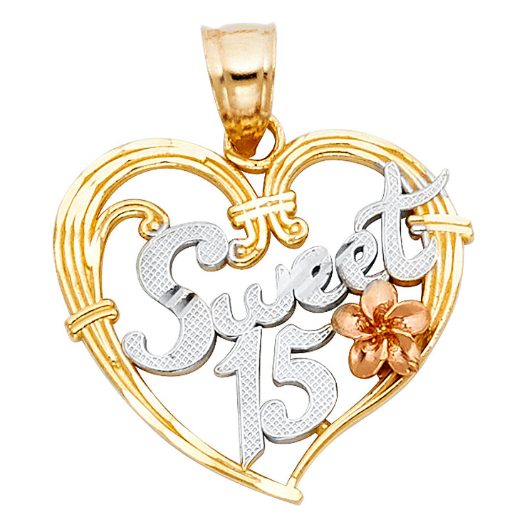 14K Gold Quinceanera Heart Pendant with 2.6mm Valentino Star Chain