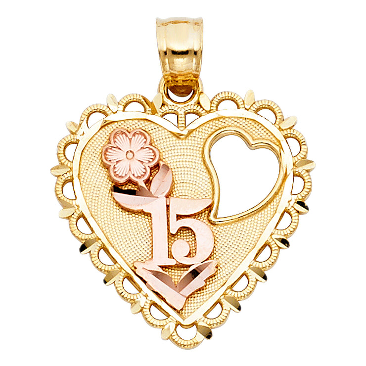 14K Gold Quinceanera Heart Pendant with 2.3mm Figaro 3+1 Chain