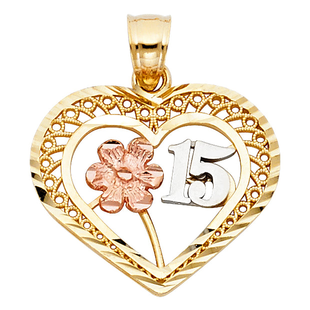 14K Gold Quinceanera Heart Pendant with 2.6mm Valentino Star Chain