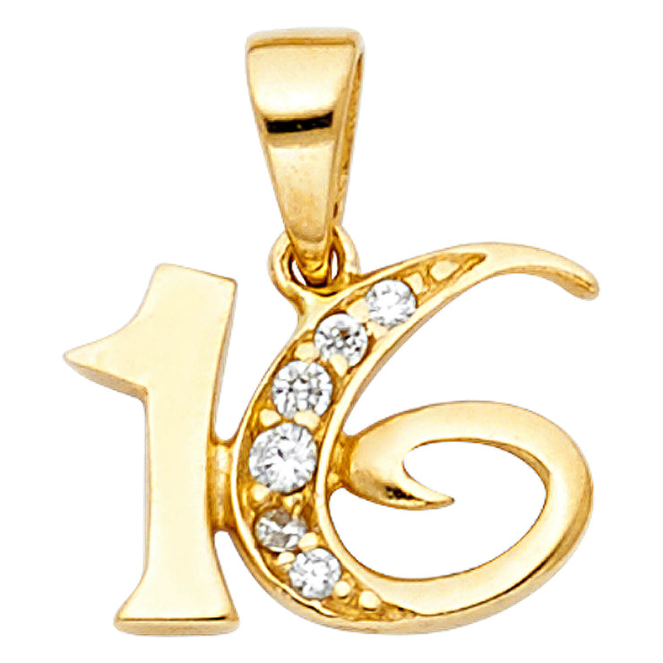 14K Gold CZ 16 Years Charm Pendant with 0.8mm Box Chain Necklace