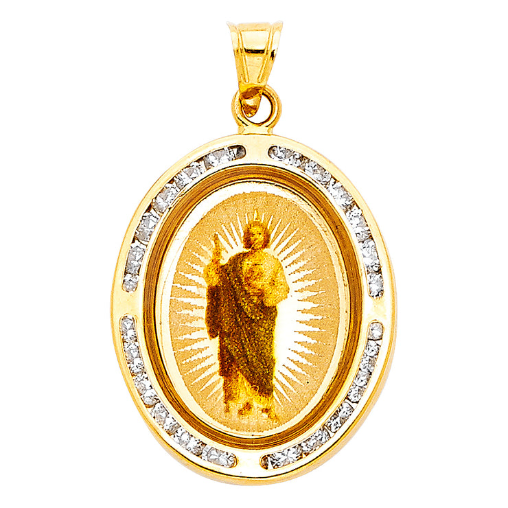 14K Gold St. Jude CZ Religious Charm Pendant with 1.2mm Box Chain Necklace