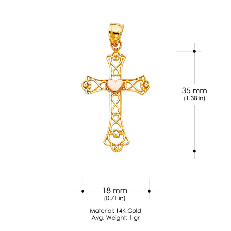 14K Gold Heart Cross Religious Pendant