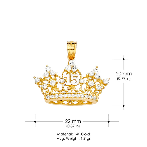 14K Gold Quinceanera Crown CZ Charm Pendant