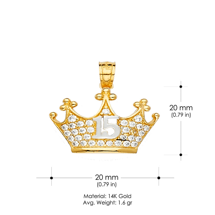 14K Gold Quinceanera Crown CZ Charm Pendant