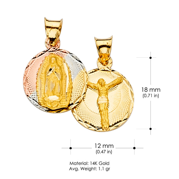 14K Gold Double Side Stamp Guadalupe & Crucifix Pendant