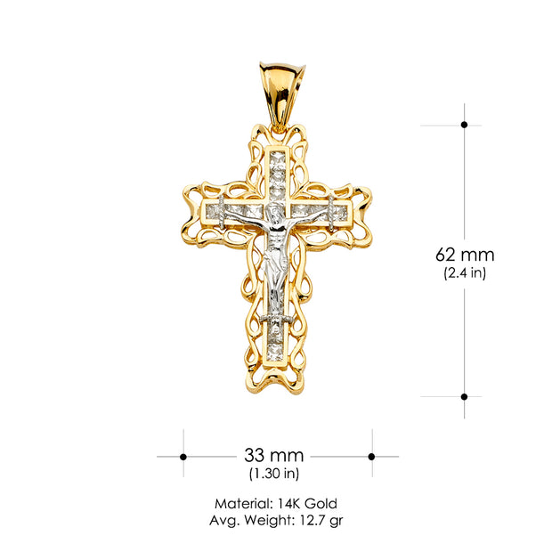 14K Gold CZ Crucifix Cross Religious Pendant