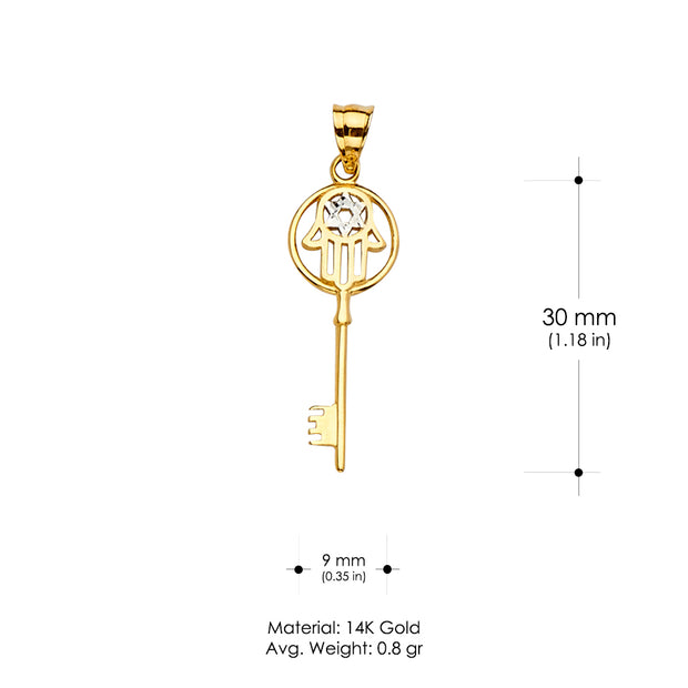 14K Gold Hamsa with Key and Star Charm Pendant