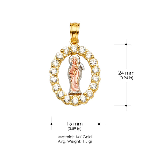 14K Gold Santa Muerte Religious CZ Charm Pendant