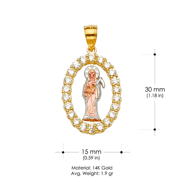 14K Gold Santa Muerte Religious CZ Charm Pendant