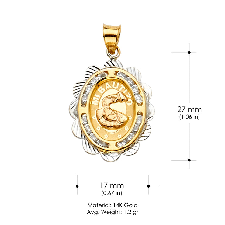 14K Gold CZ Baptism Medal Religious Pendant