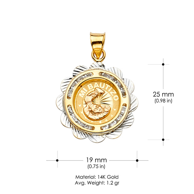 14K Gold CZ Baptism Medal Religious Pendant