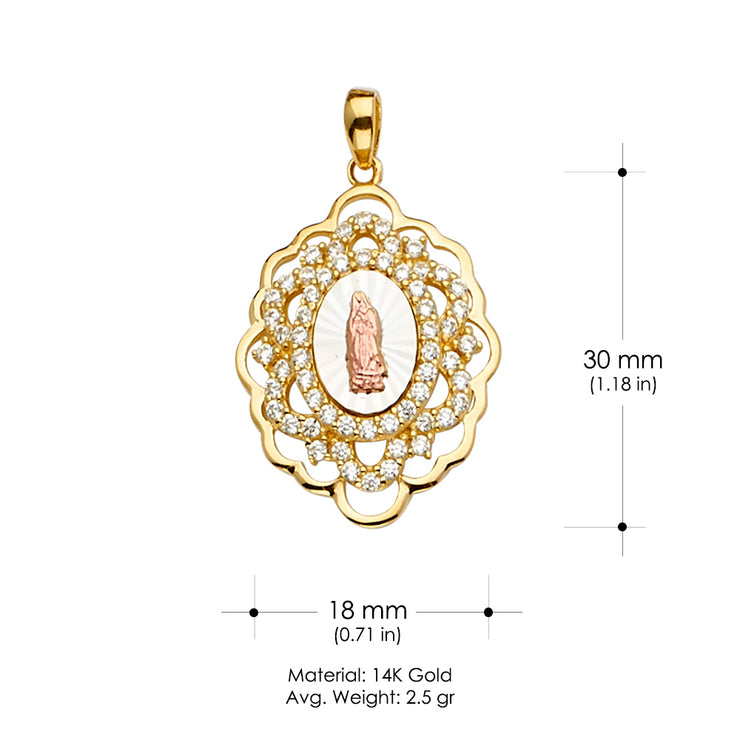 14K Gold CZ Guadalupe Medal Religious Pendant