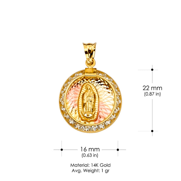 14K Gold CZ Guadalupe Medal Religious Pendant