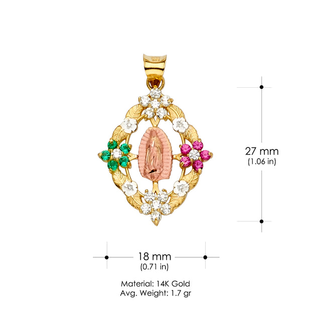 14K Gold CZ Guadalupe Medal Religious Pendant