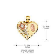 14K Gold Heart Cut CZ Guadalupe Medal Religious Pendant
