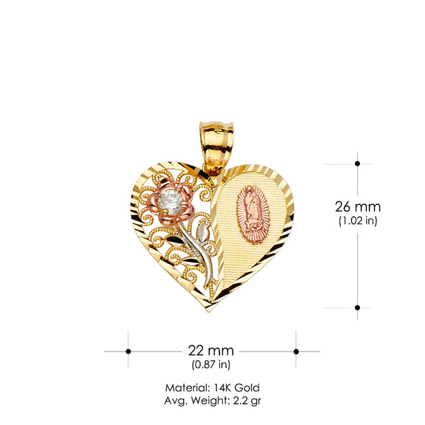 14K Gold Heart Cut CZ Guadalupe Medal Religious Pendant