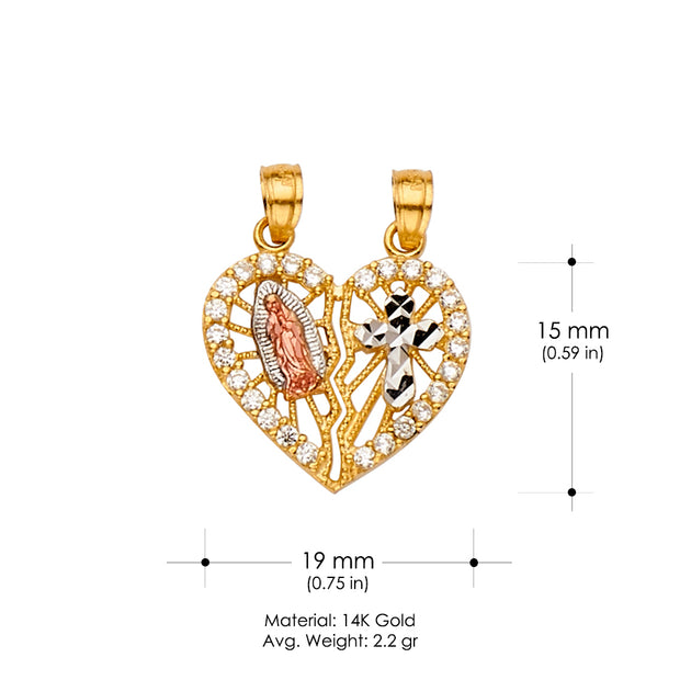 14K Gold CZ Broken Heart Guadalupe & Cross Religious Pendant