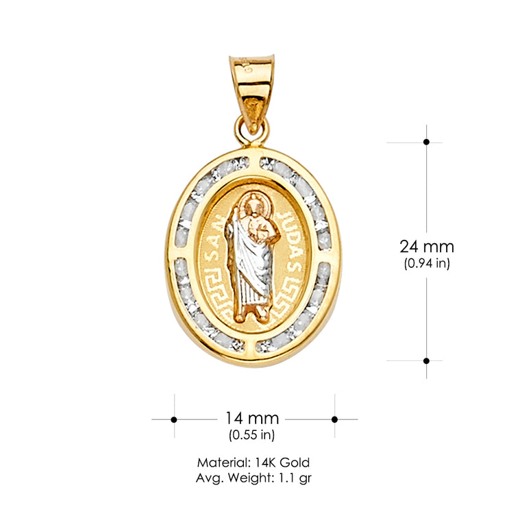 14K Gold CZ San Judas Medal Religious Pendant