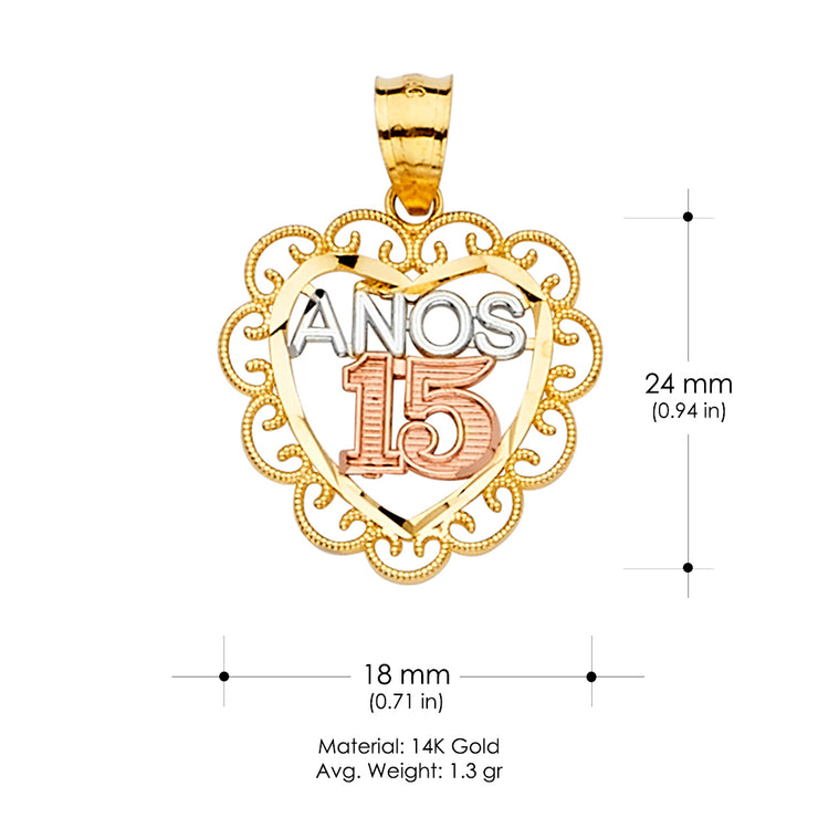 14K Gold 15 Anos Quinceanera Heart Charm Pendant