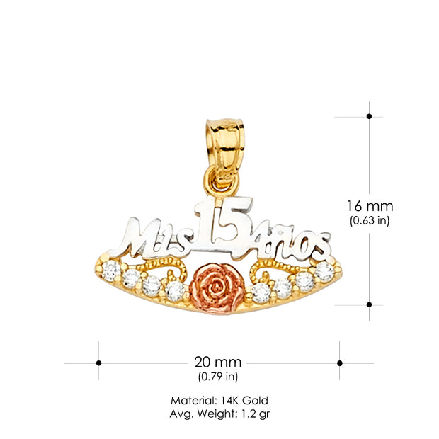 14K Gold Miss 15 Anos Quinceanera CZ Charm Pendant