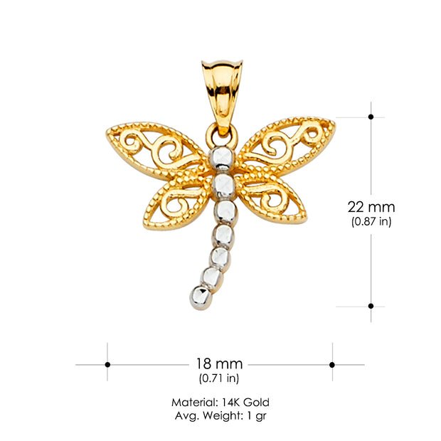 14K Gold Dragon Fly Charm Pendant