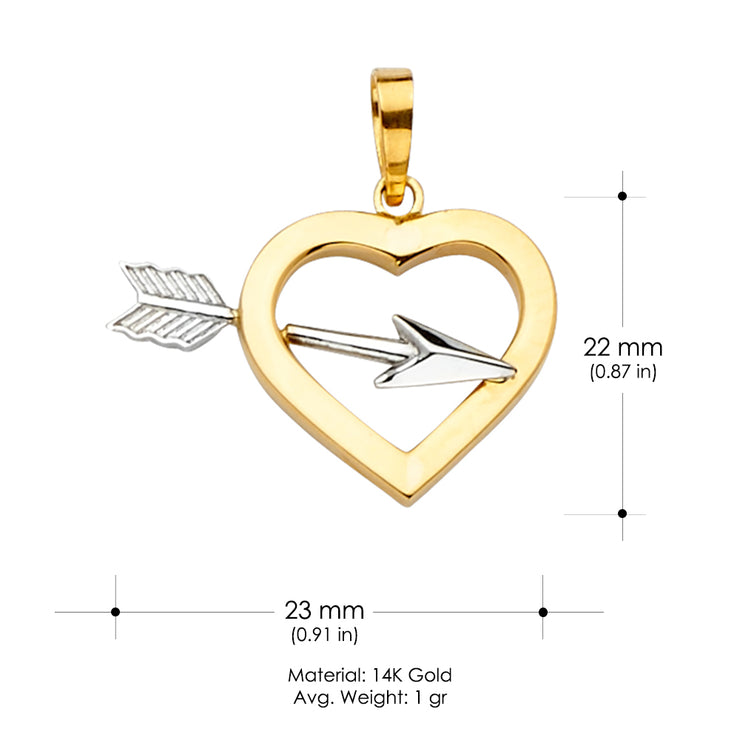 14K Gold Cupid Arrow Heart Charm Pendant