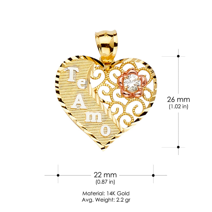 14K Gold Te-Amo CZ Heart Charm Pendant