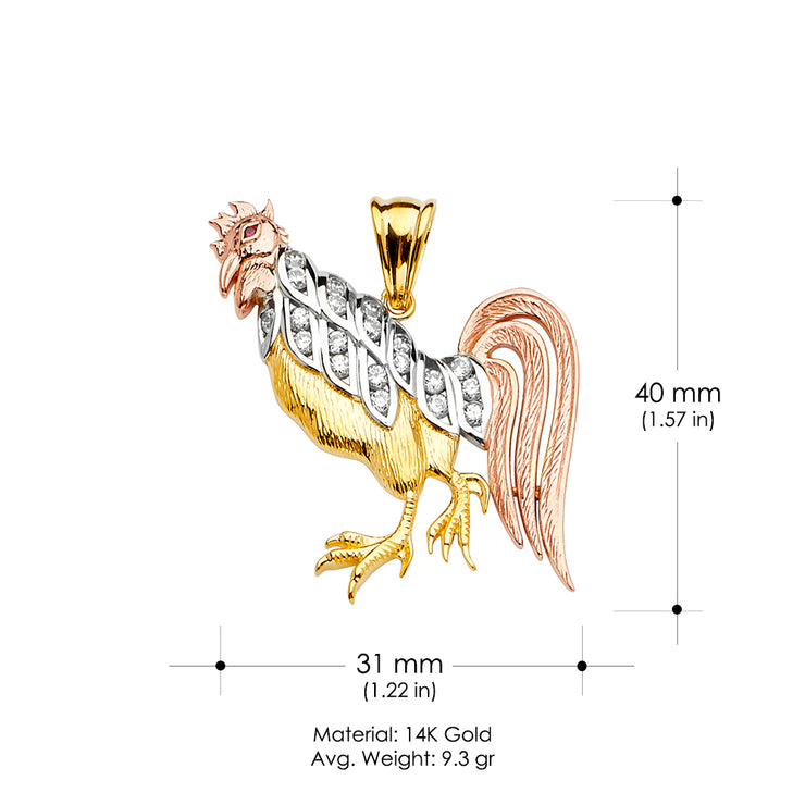 14K Gold CZ Rooster Charm Pendant