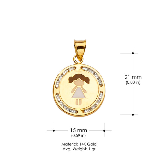 14K Gold CZ Enamel Girl Charm Pendant