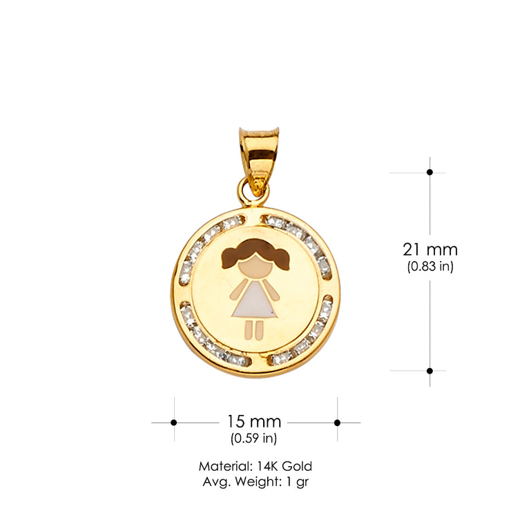 14K Gold CZ Enamel Girl Charm Pendant